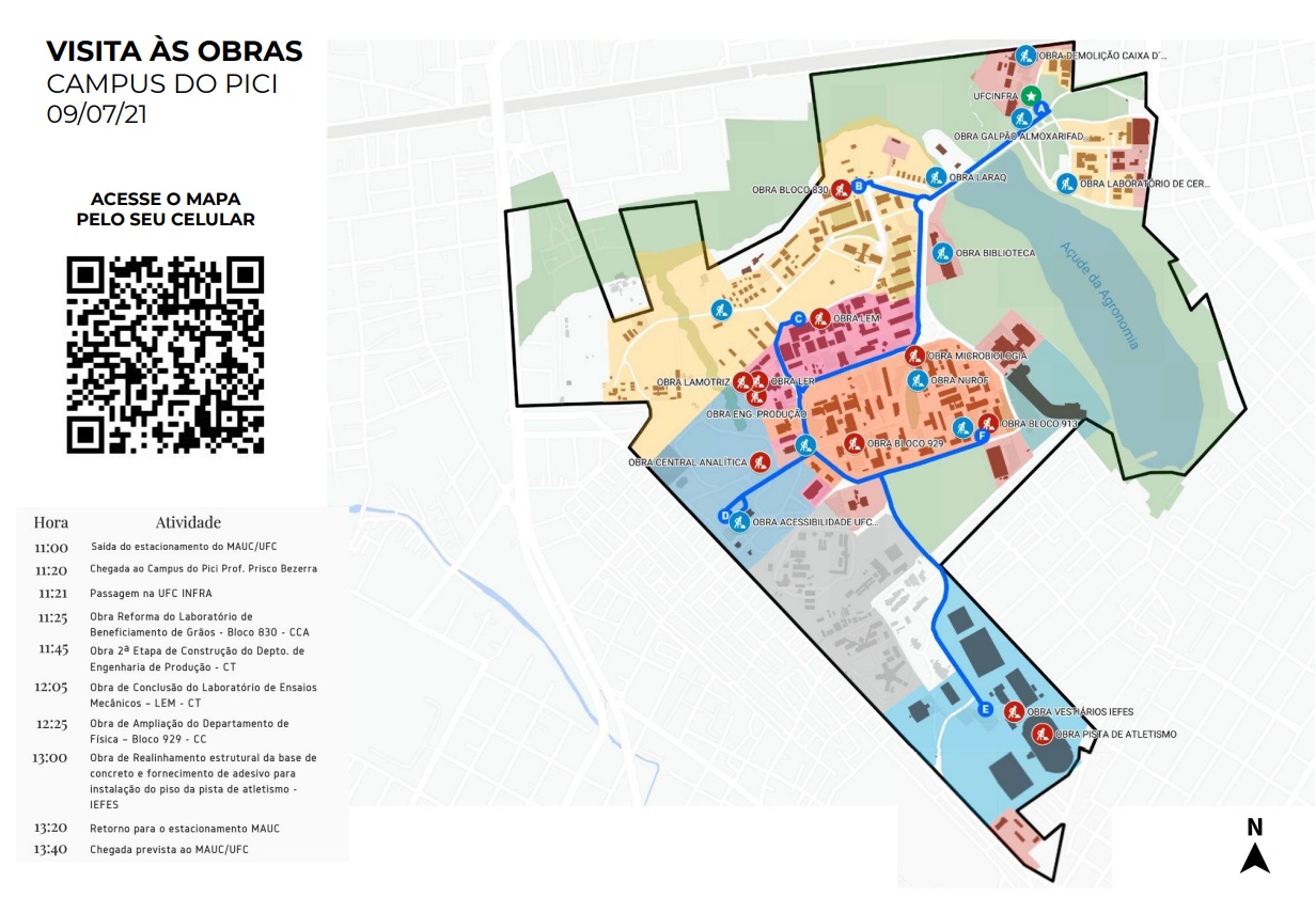Mapa com obras em andamento no campos do Pici. A imagem apresenta uma rota do campus e ícones em azul de homens trabalhando para facilitar a localização das obras. Ao ldo esquerdo, um QR code.